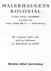 Annonse for Malerhaugens kolonial som ble grunnlagt i 1923