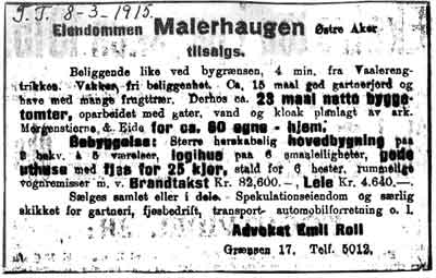 Her ser du annonsen for salg av eiendommen Malerhaugen i 1915